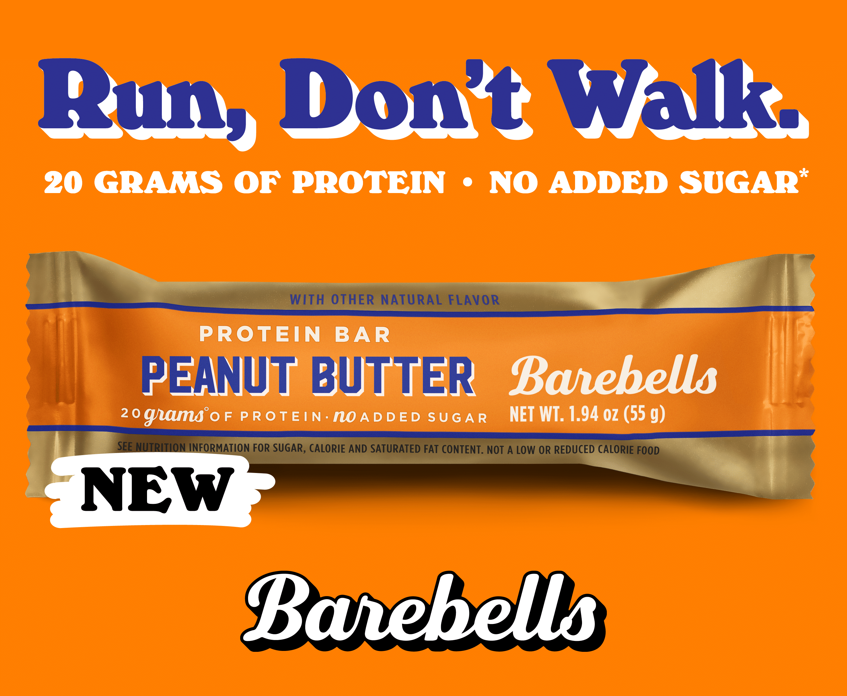 Advertisement for Barebells peanut butter protein bar with 20 grams of protein.